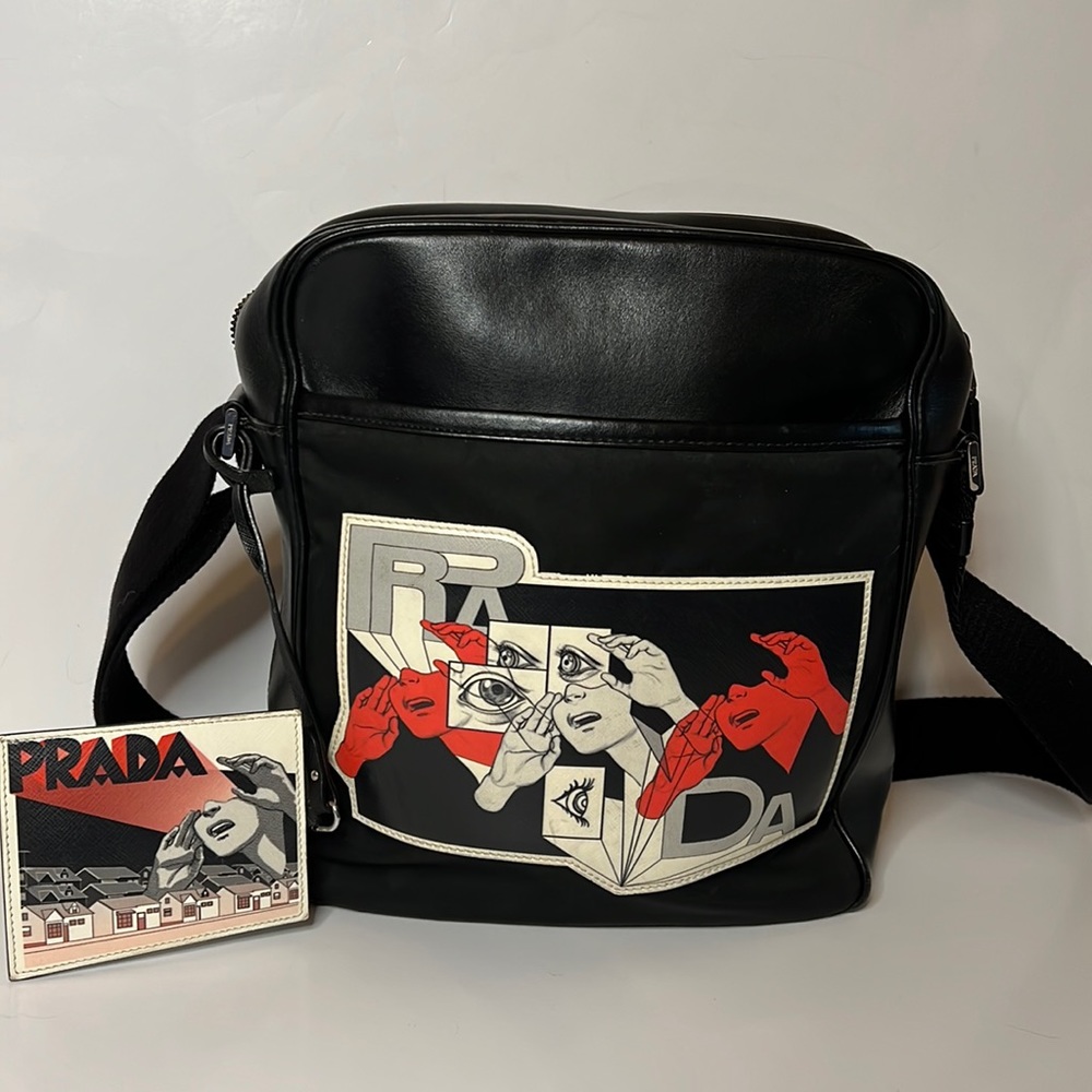 Prada Comic black leather Tessuto patch messenger bag